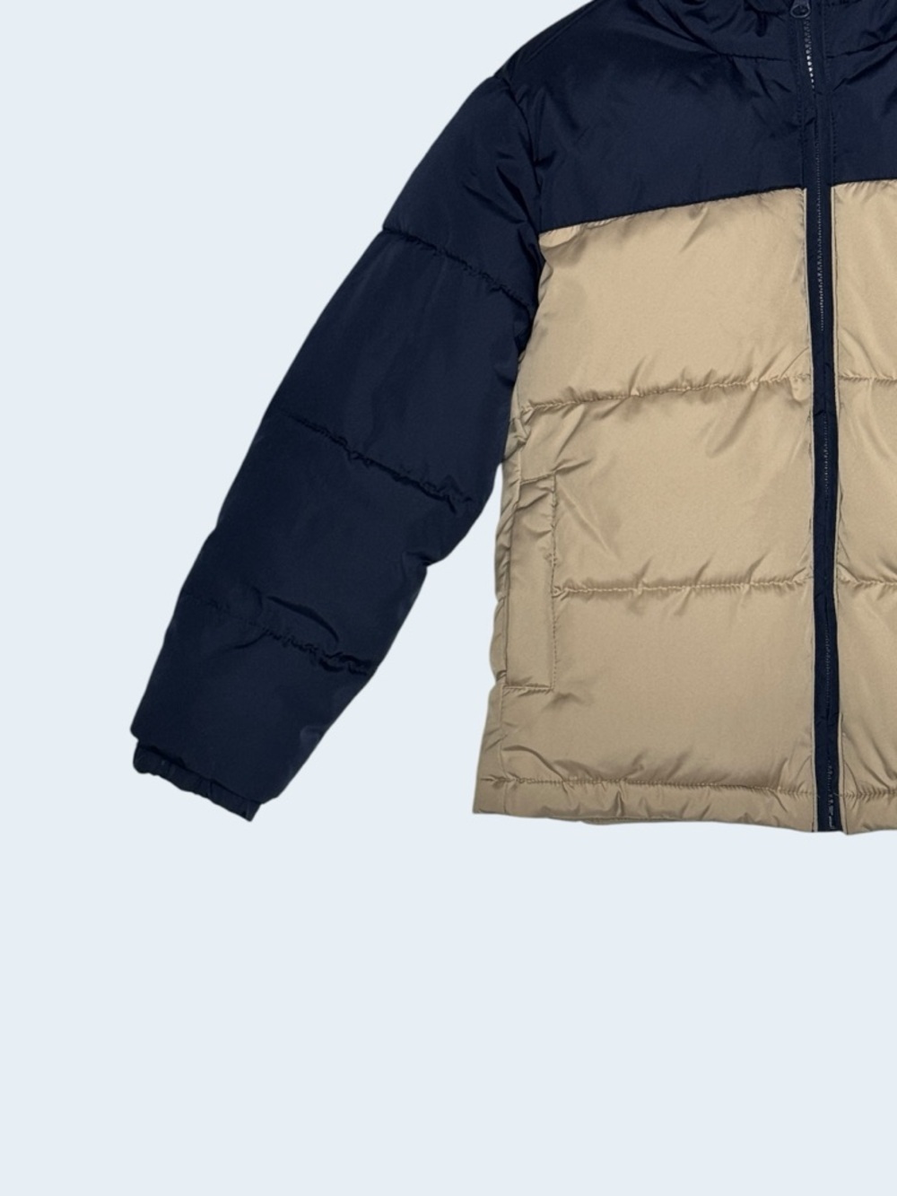 Old Navy Boys M 8 Puffer Jacket Hooded Blue Tan Colorblock Winter Coat - Picture 5 of 11